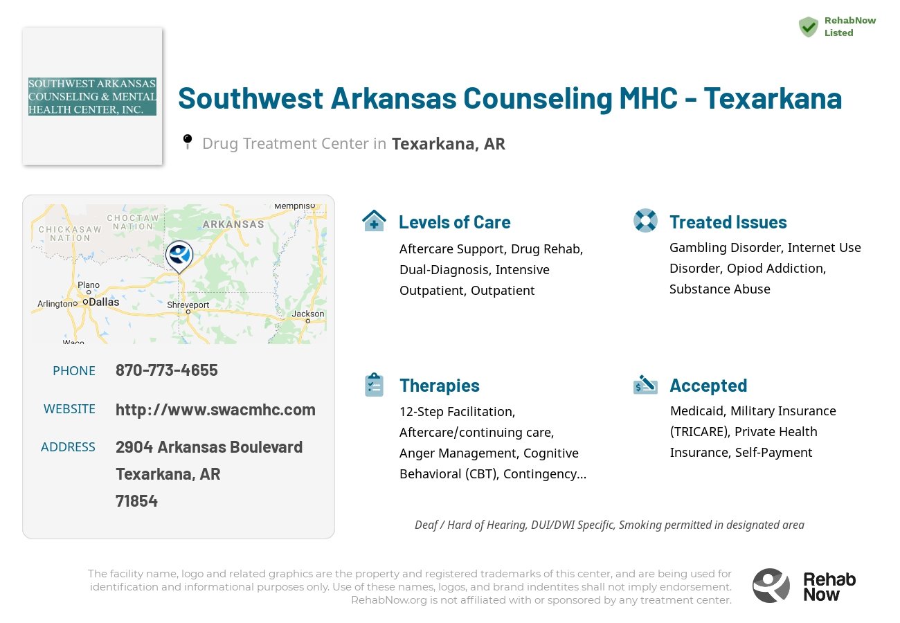 Helpful reference information for Southwest Arkansas Counseling MHC - Texarkana, a drug treatment center in Arkansas located at: 2904 Arkansas Boulevard, Texarkana, AR 71854, including phone numbers, official website, and more. Listed briefly is an overview of Levels of Care, Therapies Offered, Issues Treated, and accepted forms of Payment Methods.