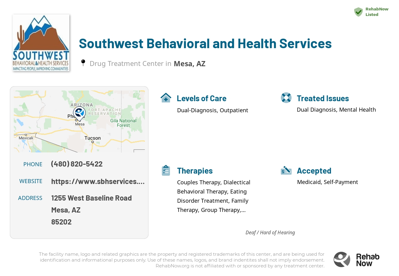 Helpful reference information for Southwest Behavioral and Health Services, a drug treatment center in Arizona located at: 1255 1255 West Baseline Road, Mesa, AZ 85202, including phone numbers, official website, and more. Listed briefly is an overview of Levels of Care, Therapies Offered, Issues Treated, and accepted forms of Payment Methods.