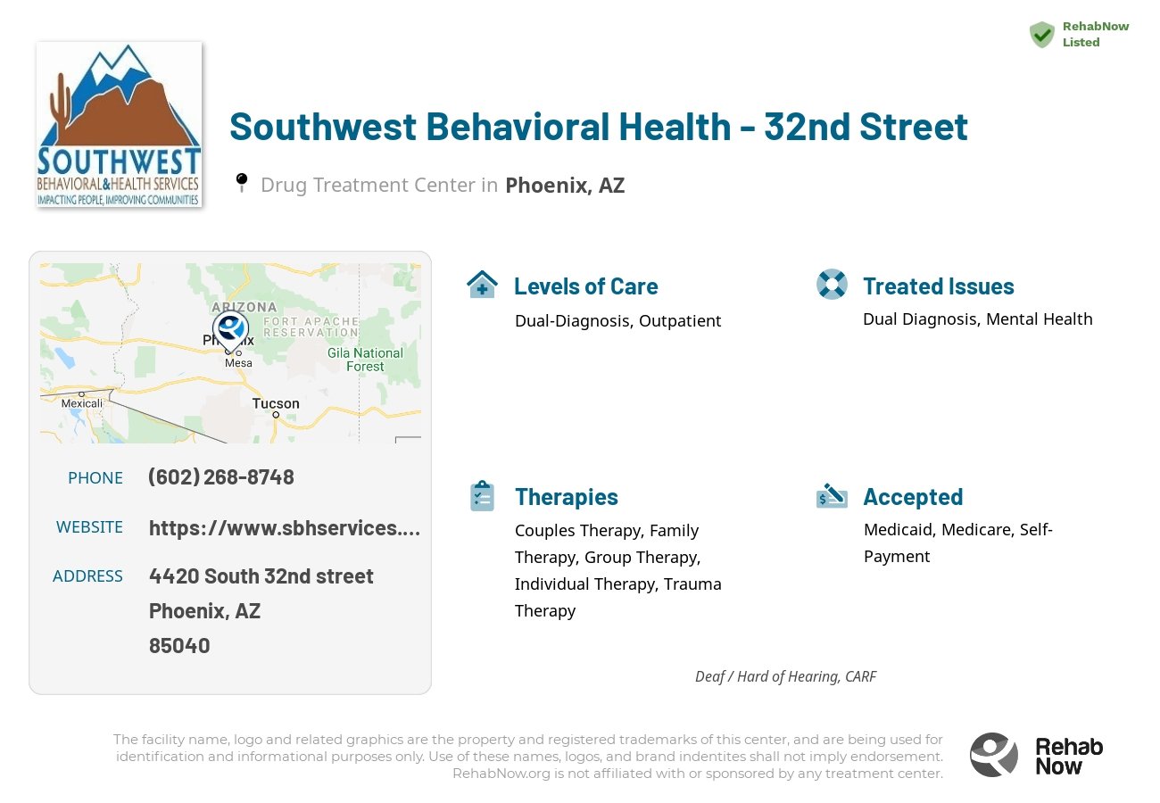 Helpful reference information for Southwest Behavioral Health - 32nd Street, a drug treatment center in Arizona located at: 4420 4420 South 32nd street, Phoenix, AZ 85040, including phone numbers, official website, and more. Listed briefly is an overview of Levels of Care, Therapies Offered, Issues Treated, and accepted forms of Payment Methods.