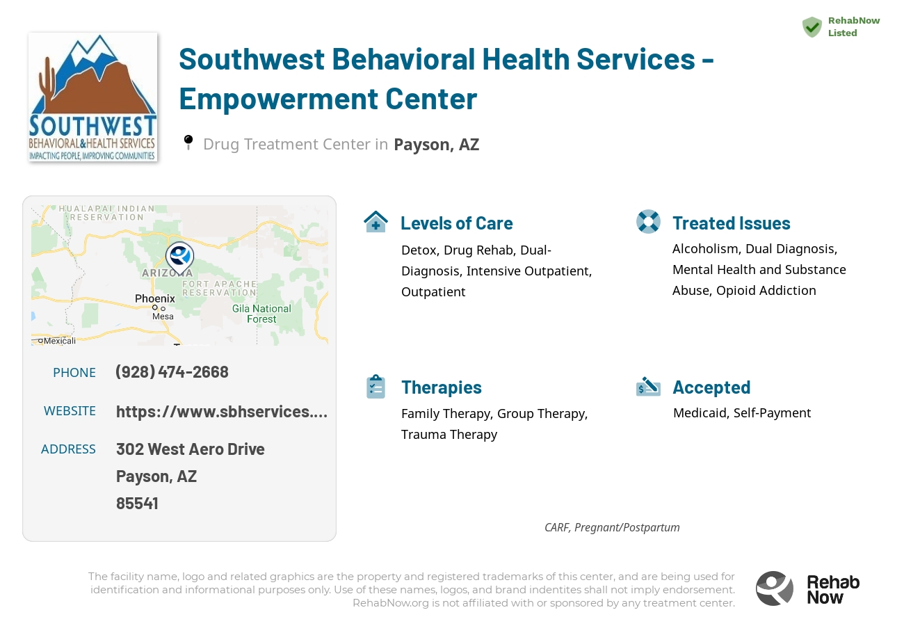 Helpful reference information for Southwest Behavioral Health Services - Empowerment Center, a drug treatment center in Arizona located at: 302 West Aero Drive, Payson, AZ, 85541, including phone numbers, official website, and more. Listed briefly is an overview of Levels of Care, Therapies Offered, Issues Treated, and accepted forms of Payment Methods.