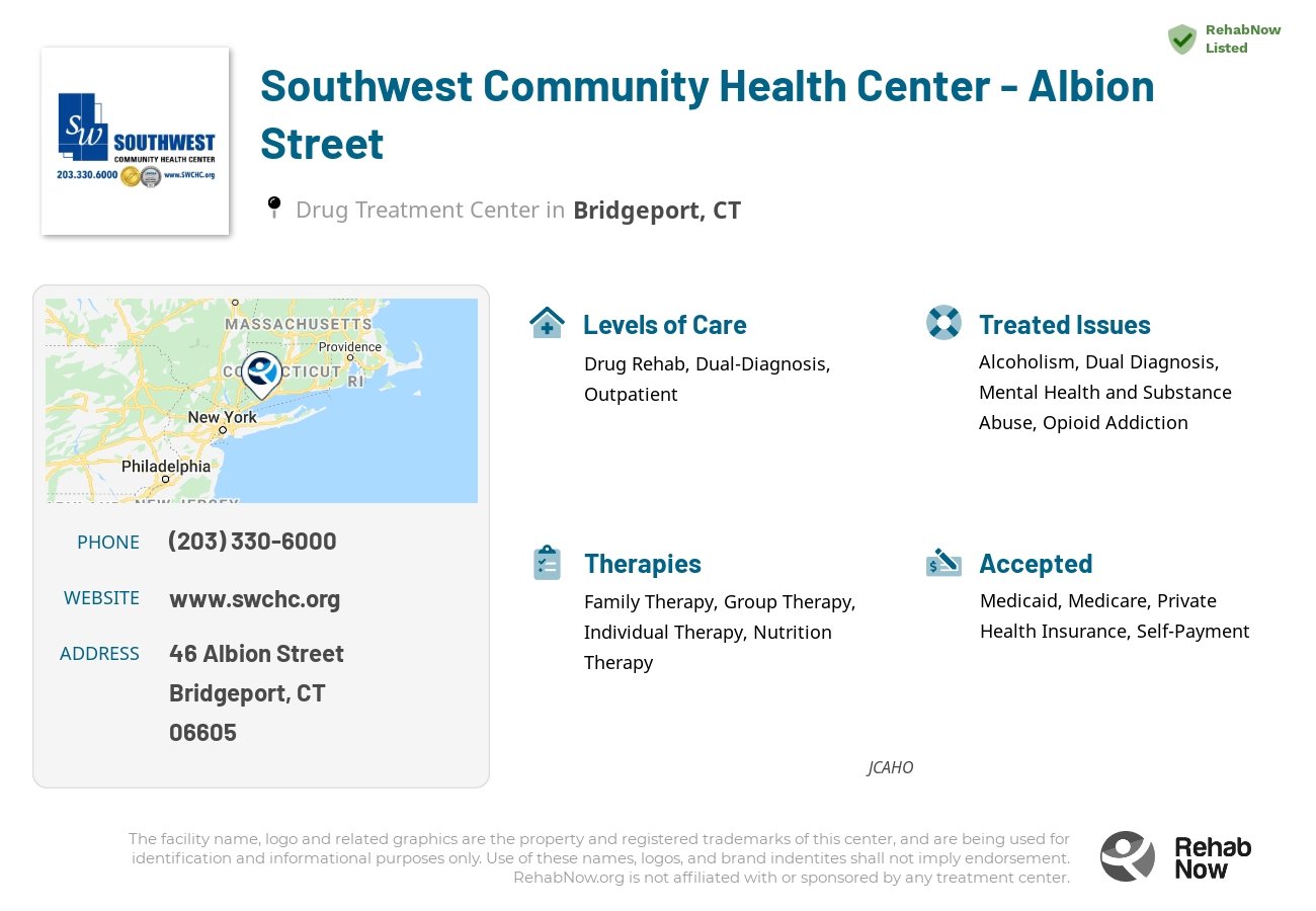 Helpful reference information for Southwest Community Health Center - Albion Street, a drug treatment center in Connecticut located at: 46 Albion Street, Bridgeport, CT, 06605, including phone numbers, official website, and more. Listed briefly is an overview of Levels of Care, Therapies Offered, Issues Treated, and accepted forms of Payment Methods.