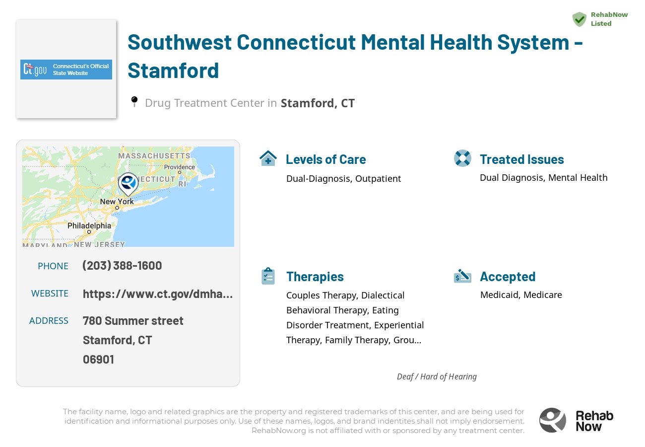 Helpful reference information for Southwest Connecticut Mental Health System - Stamford, a drug treatment center in Connecticut located at: 780 Summer street, Stamford, CT, 06901, including phone numbers, official website, and more. Listed briefly is an overview of Levels of Care, Therapies Offered, Issues Treated, and accepted forms of Payment Methods.