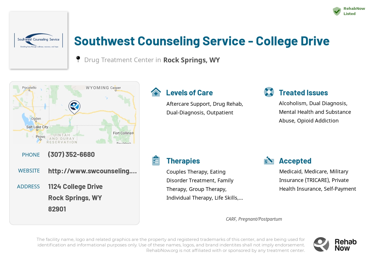 Helpful reference information for Southwest Counseling Service - College Drive, a drug treatment center in Wyoming located at: 1124 College Drive, Rock Springs, WY 82901, including phone numbers, official website, and more. Listed briefly is an overview of Levels of Care, Therapies Offered, Issues Treated, and accepted forms of Payment Methods.