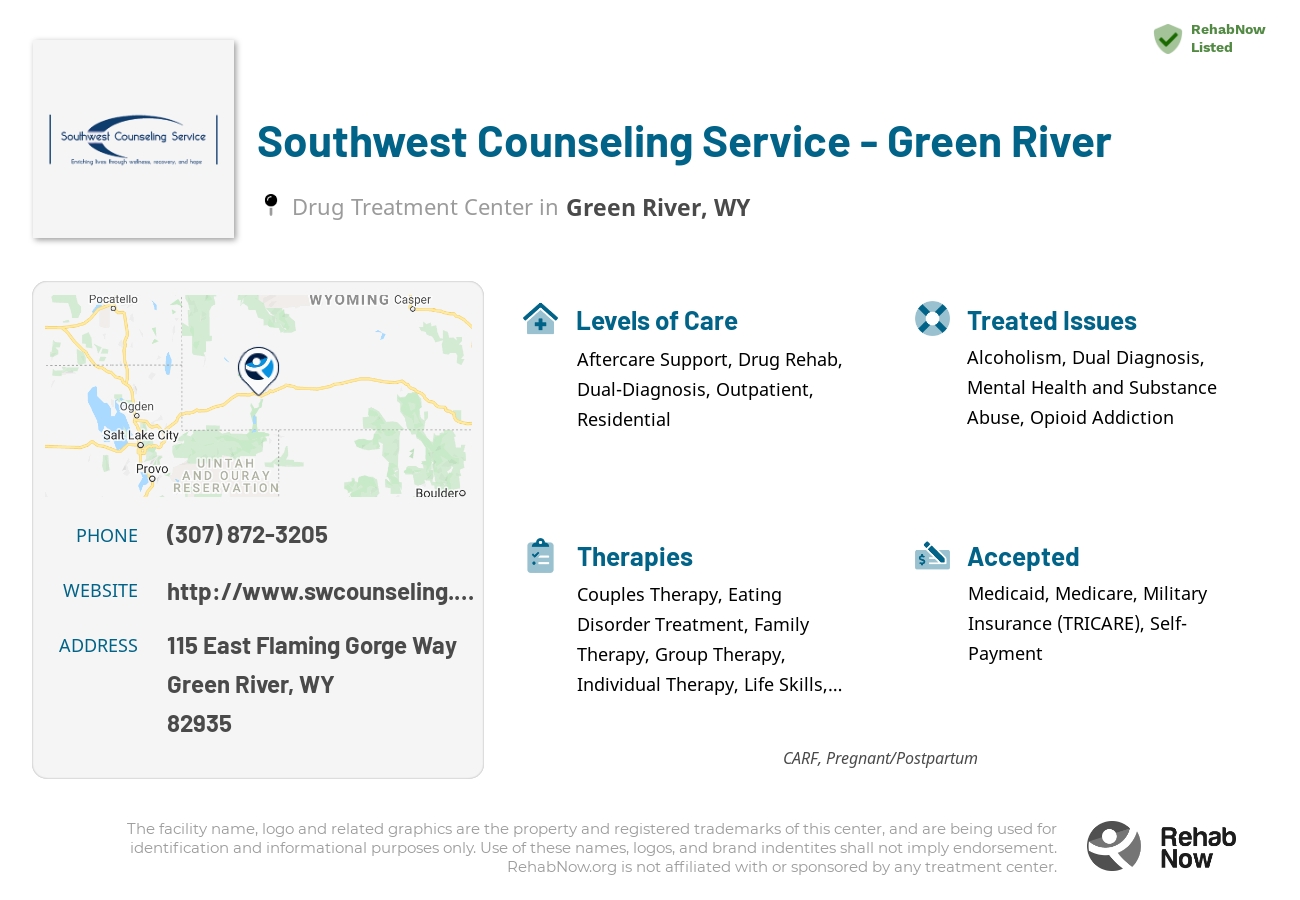 Helpful reference information for Southwest Counseling Service - Green River, a drug treatment center in Wyoming located at: 115 115 East Flaming Gorge Way, Green River, WY 82935, including phone numbers, official website, and more. Listed briefly is an overview of Levels of Care, Therapies Offered, Issues Treated, and accepted forms of Payment Methods.