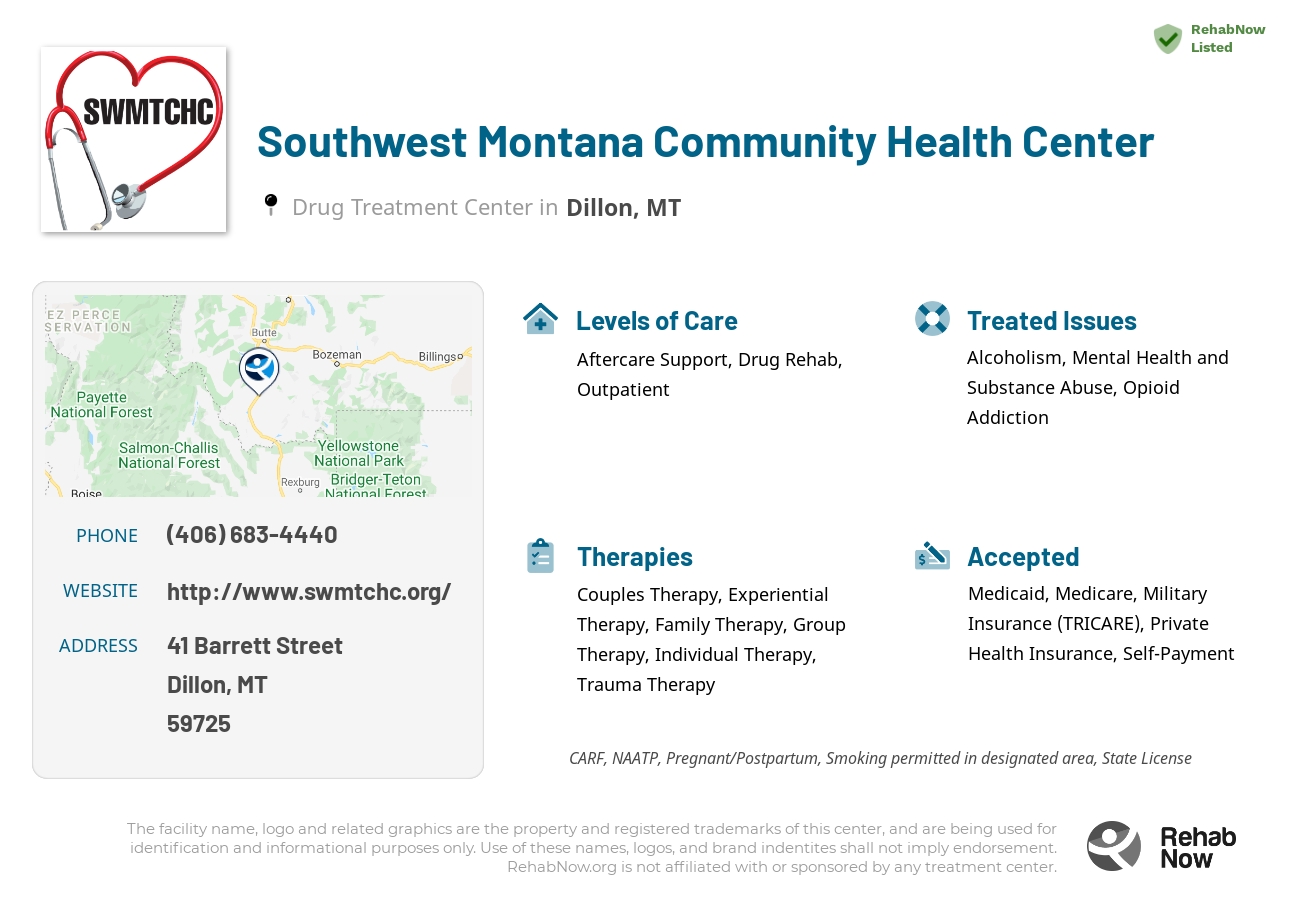Helpful reference information for Southwest Montana Community Health Center, a drug treatment center in Montana located at: 41 Barrett Street, Dillon, MT 59725, including phone numbers, official website, and more. Listed briefly is an overview of Levels of Care, Therapies Offered, Issues Treated, and accepted forms of Payment Methods.
