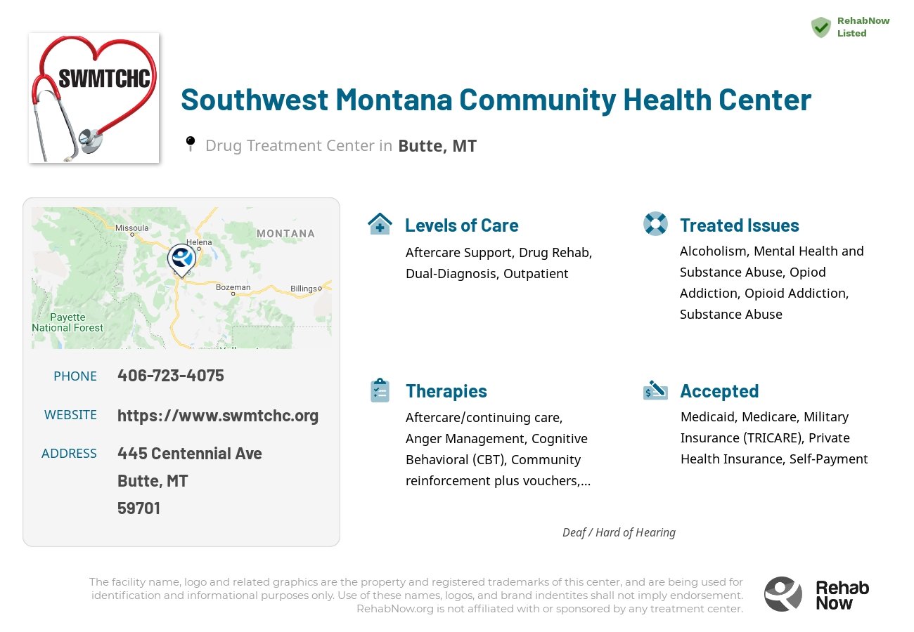 Helpful reference information for Southwest Montana Community Health Center, a drug treatment center in Montana located at: 445 Centennial Ave, Butte, MT 59701, including phone numbers, official website, and more. Listed briefly is an overview of Levels of Care, Therapies Offered, Issues Treated, and accepted forms of Payment Methods.
