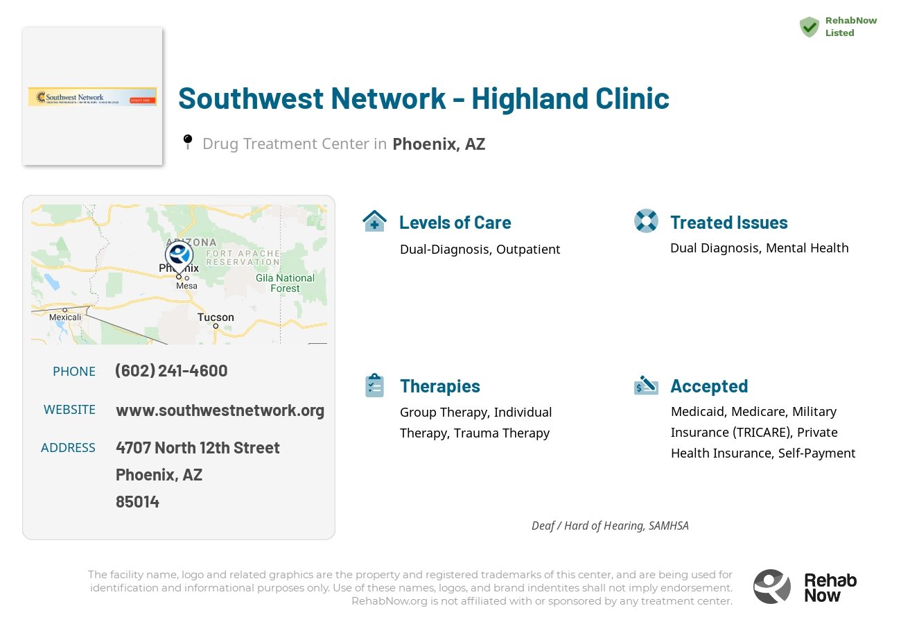 Helpful reference information for Southwest Network - Highland Clinic, a drug treatment center in Arizona located at: 4707 North 12th Street, Phoenix, AZ, 85014, including phone numbers, official website, and more. Listed briefly is an overview of Levels of Care, Therapies Offered, Issues Treated, and accepted forms of Payment Methods.