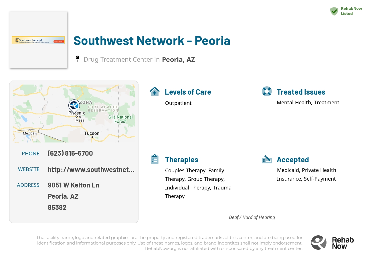 Helpful reference information for Southwest Network - Peoria, a drug treatment center in Arizona located at: 9051 W Kelton Ln, Peoria, AZ 85382, including phone numbers, official website, and more. Listed briefly is an overview of Levels of Care, Therapies Offered, Issues Treated, and accepted forms of Payment Methods.