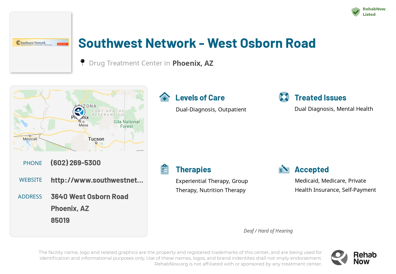 Helpful reference information for Southwest Network - West Osborn Road, a drug treatment center in Arizona located at: 3640 3640 West Osborn Road, Phoenix, AZ 85019, including phone numbers, official website, and more. Listed briefly is an overview of Levels of Care, Therapies Offered, Issues Treated, and accepted forms of Payment Methods.