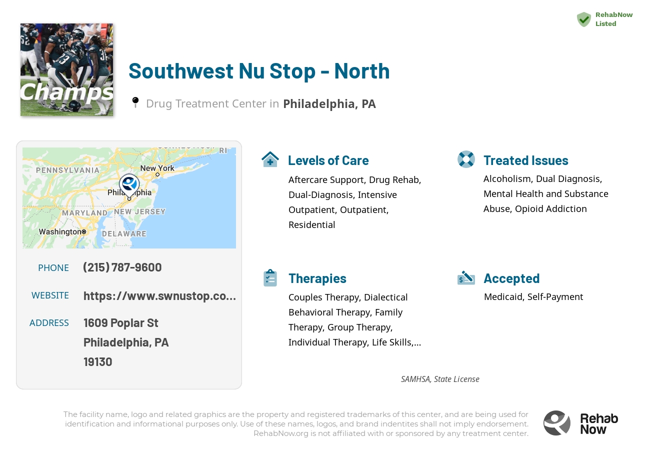 Helpful reference information for Southwest Nu Stop - North, a drug treatment center in Pennsylvania located at: 1609 Poplar St, Philadelphia, PA 19130, including phone numbers, official website, and more. Listed briefly is an overview of Levels of Care, Therapies Offered, Issues Treated, and accepted forms of Payment Methods.
