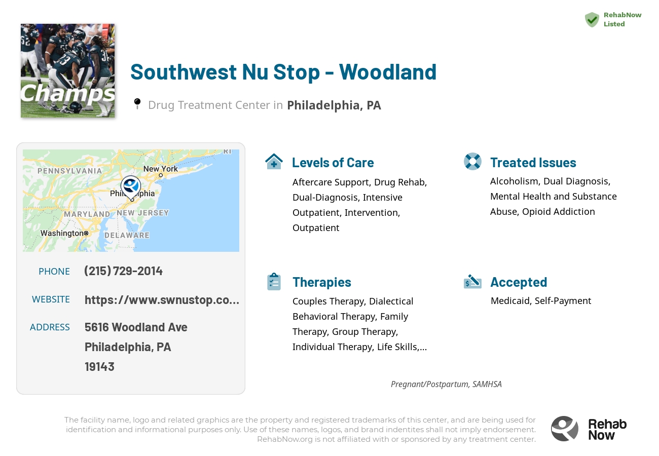 Helpful reference information for Southwest Nu Stop - Woodland, a drug treatment center in Pennsylvania located at: 5616 Woodland Ave, Philadelphia, PA 19143, including phone numbers, official website, and more. Listed briefly is an overview of Levels of Care, Therapies Offered, Issues Treated, and accepted forms of Payment Methods.