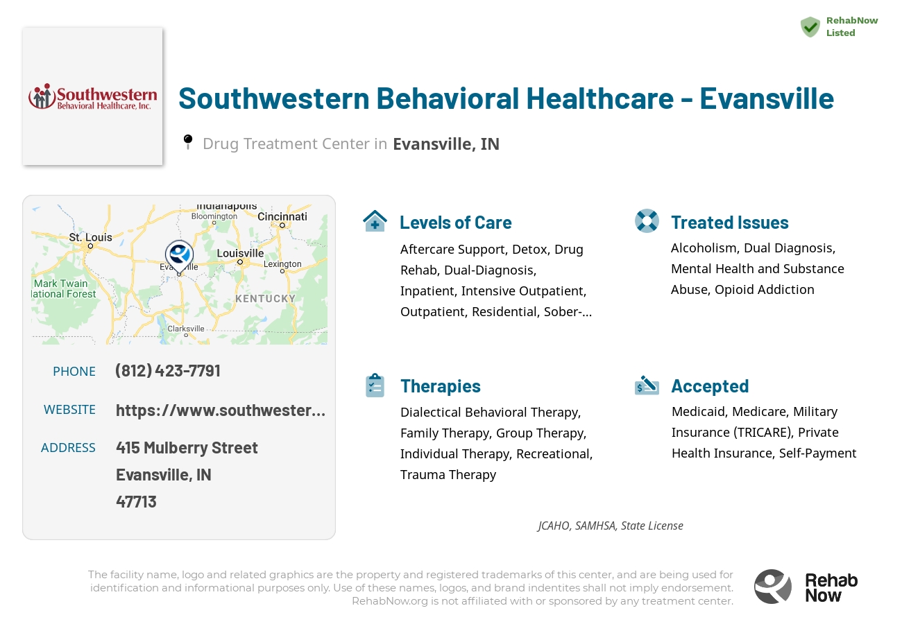 Helpful reference information for Southwestern Behavioral Healthcare - Evansville, a drug treatment center in Indiana located at: 415 Mulberry Street, Evansville, IN, 47713, including phone numbers, official website, and more. Listed briefly is an overview of Levels of Care, Therapies Offered, Issues Treated, and accepted forms of Payment Methods.