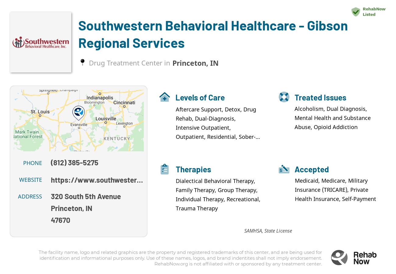 Helpful reference information for Southwestern Behavioral Healthcare - Gibson Regional Services, a drug treatment center in Indiana located at: 320 South 5th Avenue, Princeton, IN, 47670, including phone numbers, official website, and more. Listed briefly is an overview of Levels of Care, Therapies Offered, Issues Treated, and accepted forms of Payment Methods.