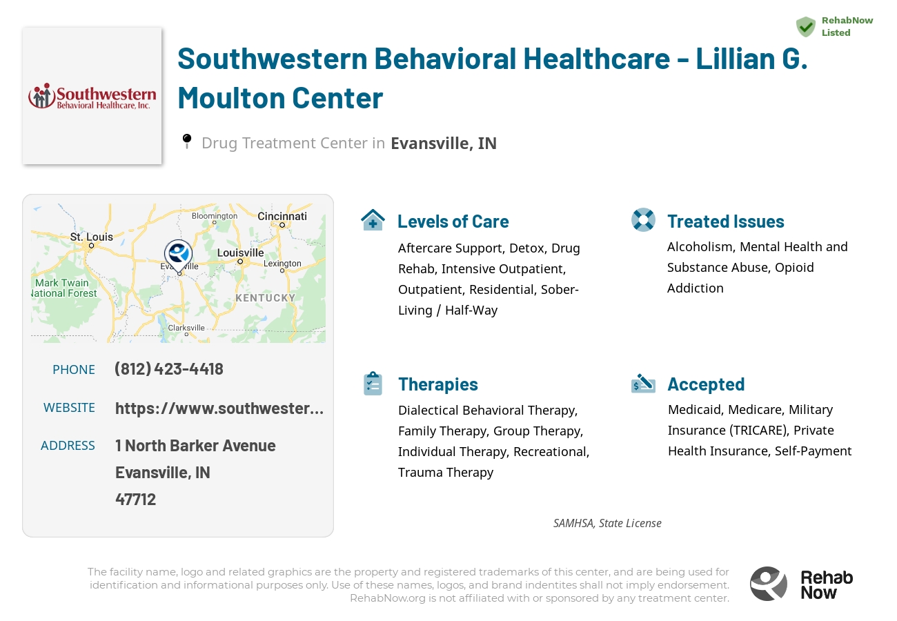 Helpful reference information for Southwestern Behavioral Healthcare - Lillian G. Moulton Center, a drug treatment center in Indiana located at: 1 North Barker Avenue, Evansville, IN, 47712, including phone numbers, official website, and more. Listed briefly is an overview of Levels of Care, Therapies Offered, Issues Treated, and accepted forms of Payment Methods.