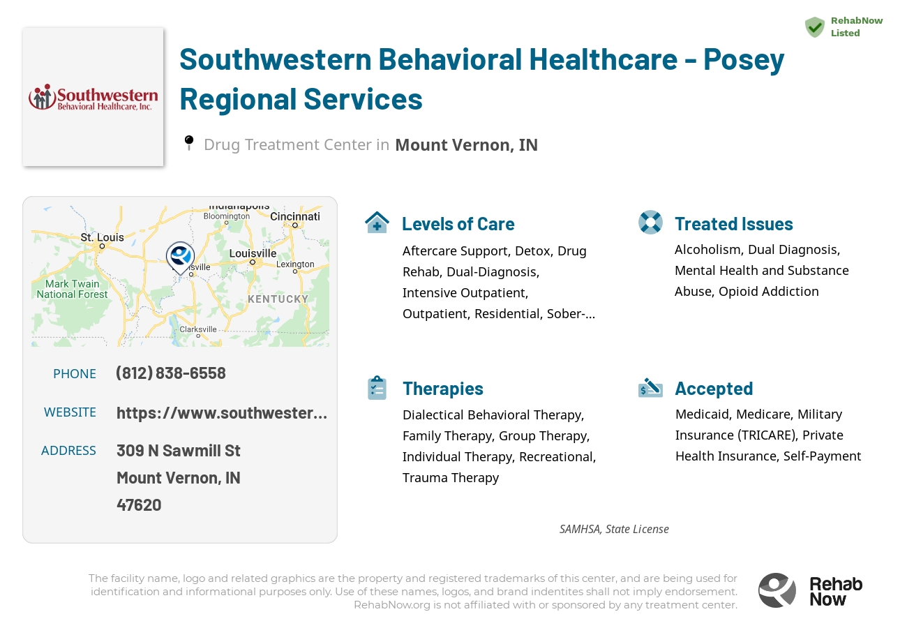 Helpful reference information for Southwestern Behavioral Healthcare - Posey Regional Services, a drug treatment center in Indiana located at: 309 N Sawmill St, Mount Vernon, IN, 47620, including phone numbers, official website, and more. Listed briefly is an overview of Levels of Care, Therapies Offered, Issues Treated, and accepted forms of Payment Methods.