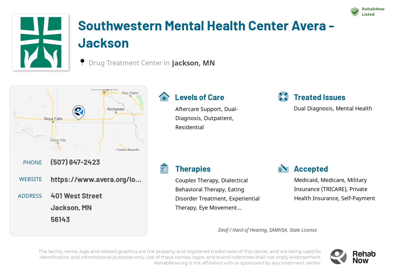 Helpful reference information for Southwestern Mental Health Center Avera - Jackson, a drug treatment center in Minnesota located at: 401 401 West Street, Jackson, MN 56143, including phone numbers, official website, and more. Listed briefly is an overview of Levels of Care, Therapies Offered, Issues Treated, and accepted forms of Payment Methods.