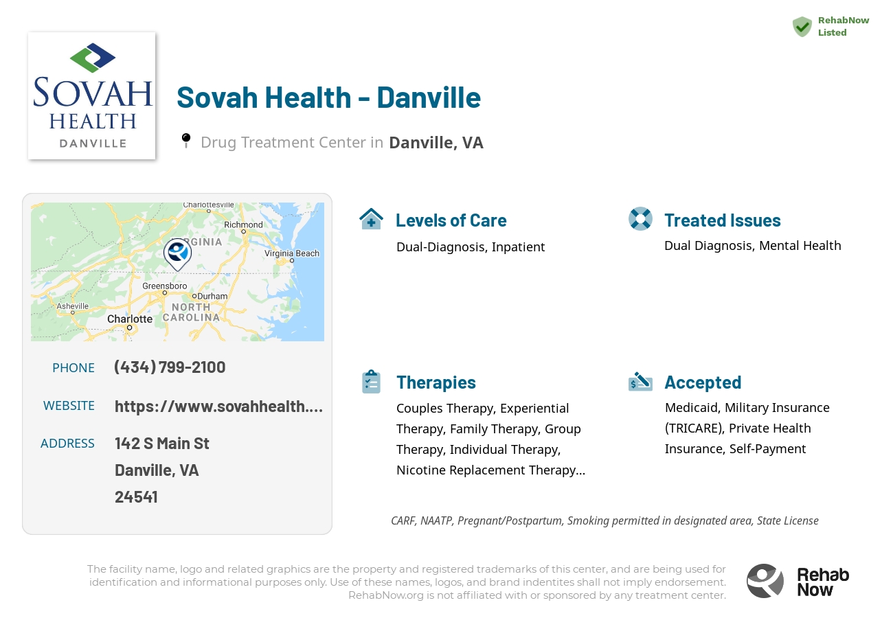 Helpful reference information for Sovah Health - Danville, a drug treatment center in Virginia located at: 142 S Main St, Danville, VA 24541, including phone numbers, official website, and more. Listed briefly is an overview of Levels of Care, Therapies Offered, Issues Treated, and accepted forms of Payment Methods.