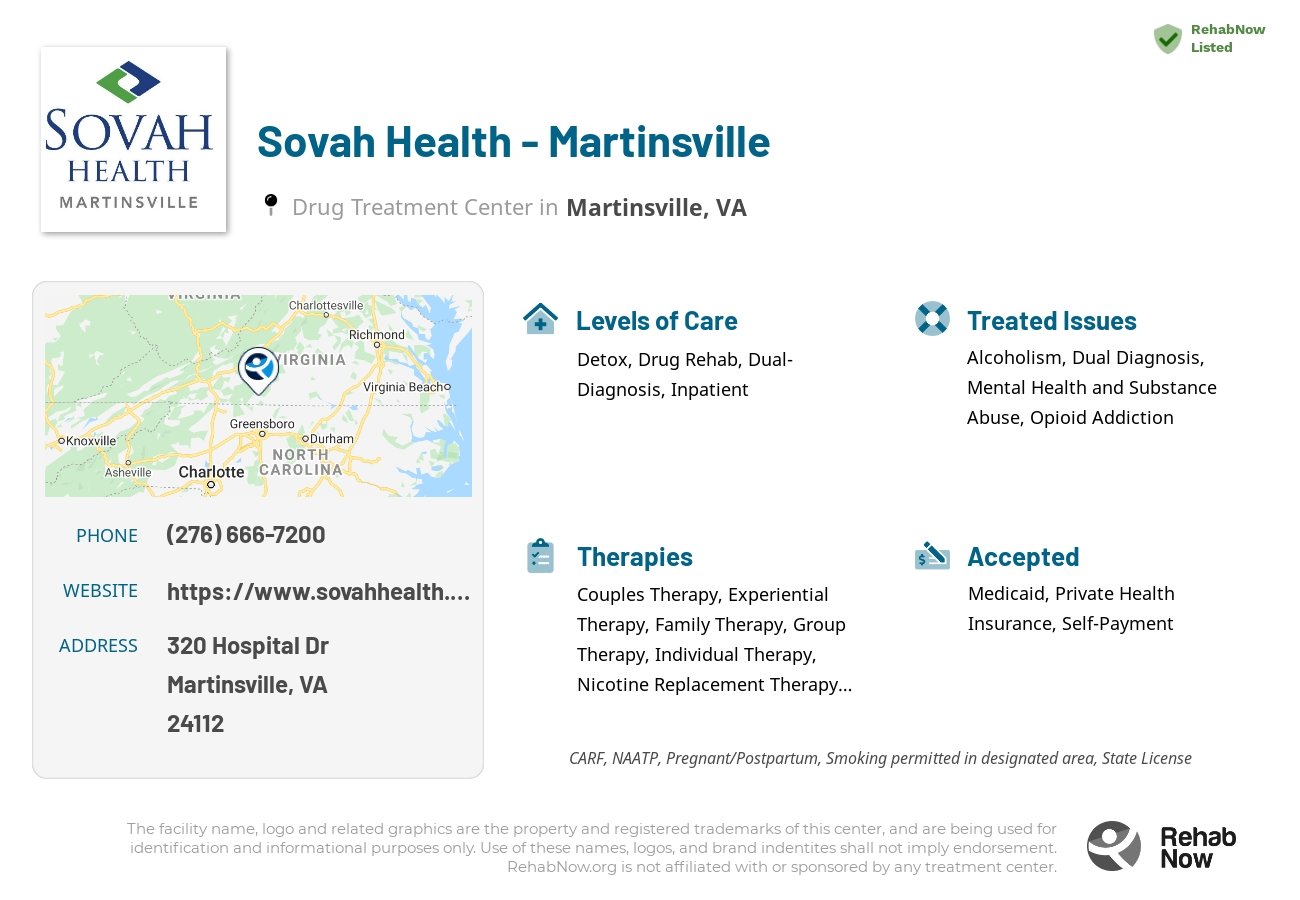 Helpful reference information for Sovah Health - Martinsville, a drug treatment center in Virginia located at: 320 Hospital Dr, Martinsville, VA 24112, including phone numbers, official website, and more. Listed briefly is an overview of Levels of Care, Therapies Offered, Issues Treated, and accepted forms of Payment Methods.