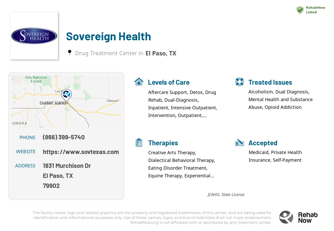 Helpful reference information for Sovereign Health, a drug treatment center in Texas located at: 1831 Murchison Dr, El Paso, TX 79902, including phone numbers, official website, and more. Listed briefly is an overview of Levels of Care, Therapies Offered, Issues Treated, and accepted forms of Payment Methods.