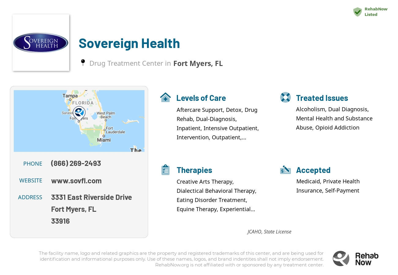 Helpful reference information for Sovereign Health, a drug treatment center in Florida located at: 3331 East Riverside Drive, Fort Myers, FL, 33916, including phone numbers, official website, and more. Listed briefly is an overview of Levels of Care, Therapies Offered, Issues Treated, and accepted forms of Payment Methods.