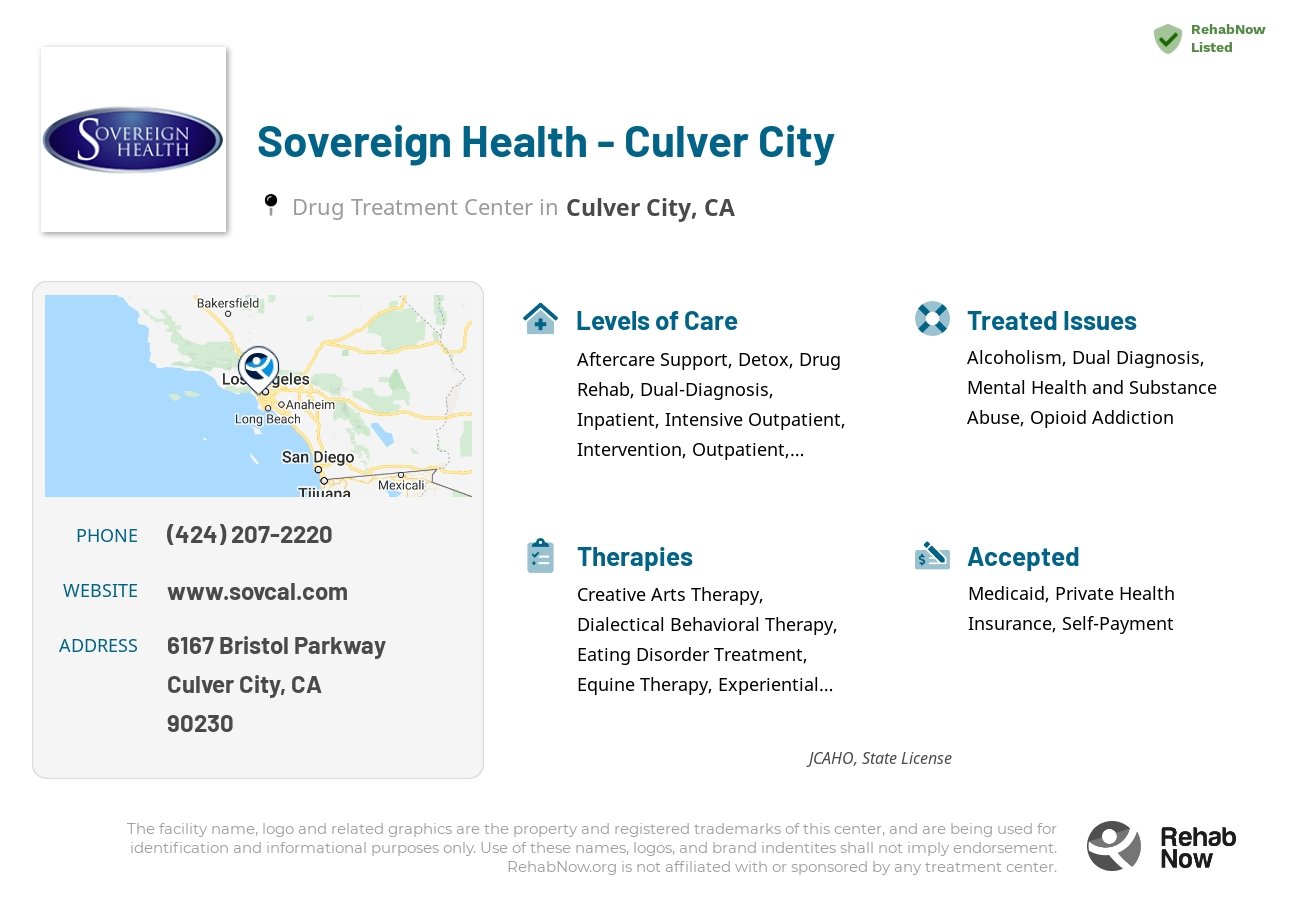 Helpful reference information for Sovereign Health - Culver City, a drug treatment center in California located at: 6167 Bristol Parkway, Culver City, CA, 90230, including phone numbers, official website, and more. Listed briefly is an overview of Levels of Care, Therapies Offered, Issues Treated, and accepted forms of Payment Methods.