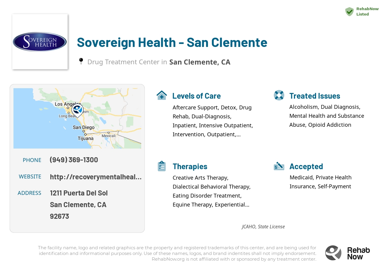 Helpful reference information for Sovereign Health - San Clemente, a drug treatment center in California located at: 1211 Puerta Del Sol, San Clemente, CA, 92673, including phone numbers, official website, and more. Listed briefly is an overview of Levels of Care, Therapies Offered, Issues Treated, and accepted forms of Payment Methods.