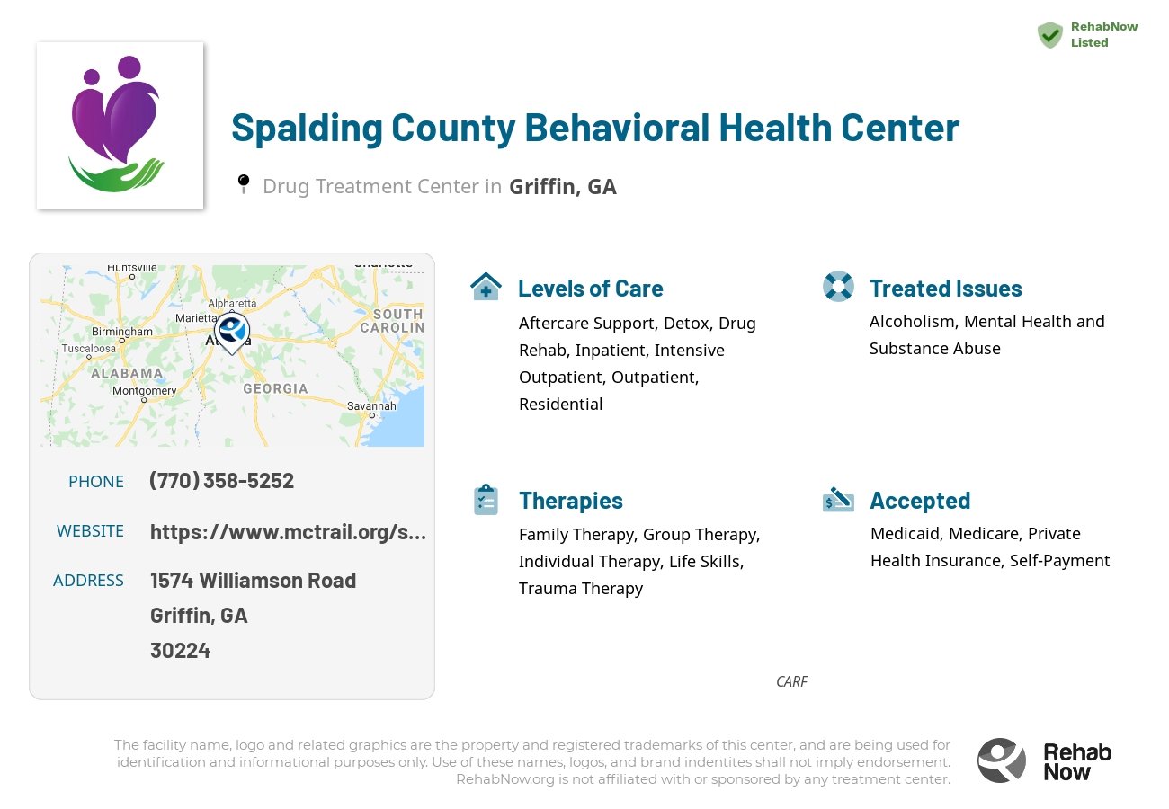 Helpful reference information for Spalding County Behavioral Health Center, a drug treatment center in Georgia located at: 1574 1574 Williamson Road, Griffin, GA 30224, including phone numbers, official website, and more. Listed briefly is an overview of Levels of Care, Therapies Offered, Issues Treated, and accepted forms of Payment Methods.