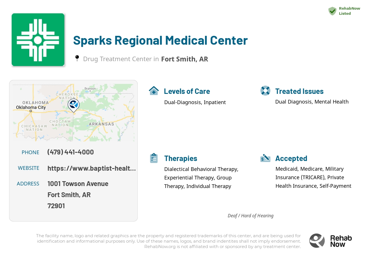 Helpful reference information for Sparks Regional Medical Center, a drug treatment center in Arkansas located at: 1001 Towson Avenue, Fort Smith, AR, 72901, including phone numbers, official website, and more. Listed briefly is an overview of Levels of Care, Therapies Offered, Issues Treated, and accepted forms of Payment Methods.