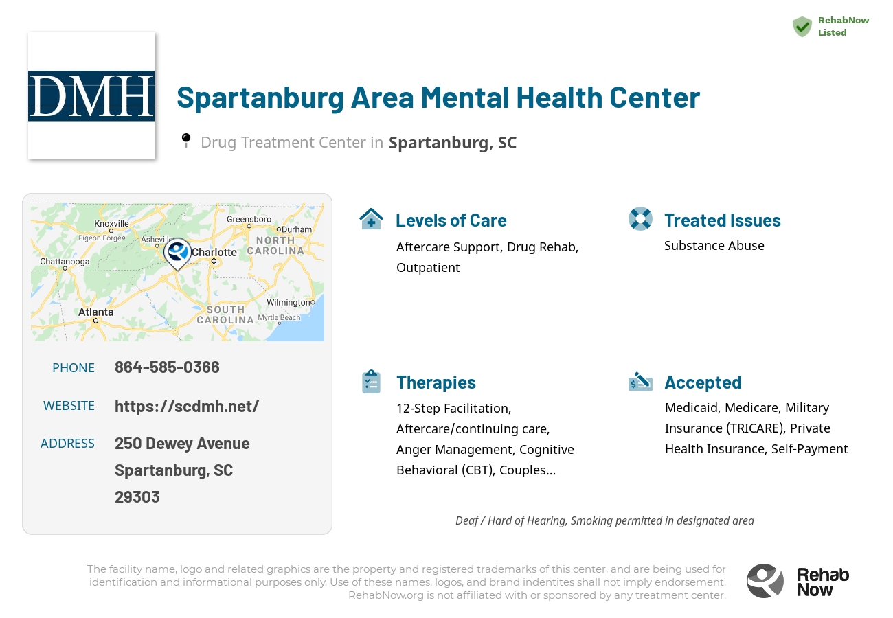 Helpful reference information for Spartanburg Area Mental Health Center, a drug treatment center in South Carolina located at: 250 Dewey Avenue, Spartanburg, SC 29303, including phone numbers, official website, and more. Listed briefly is an overview of Levels of Care, Therapies Offered, Issues Treated, and accepted forms of Payment Methods.