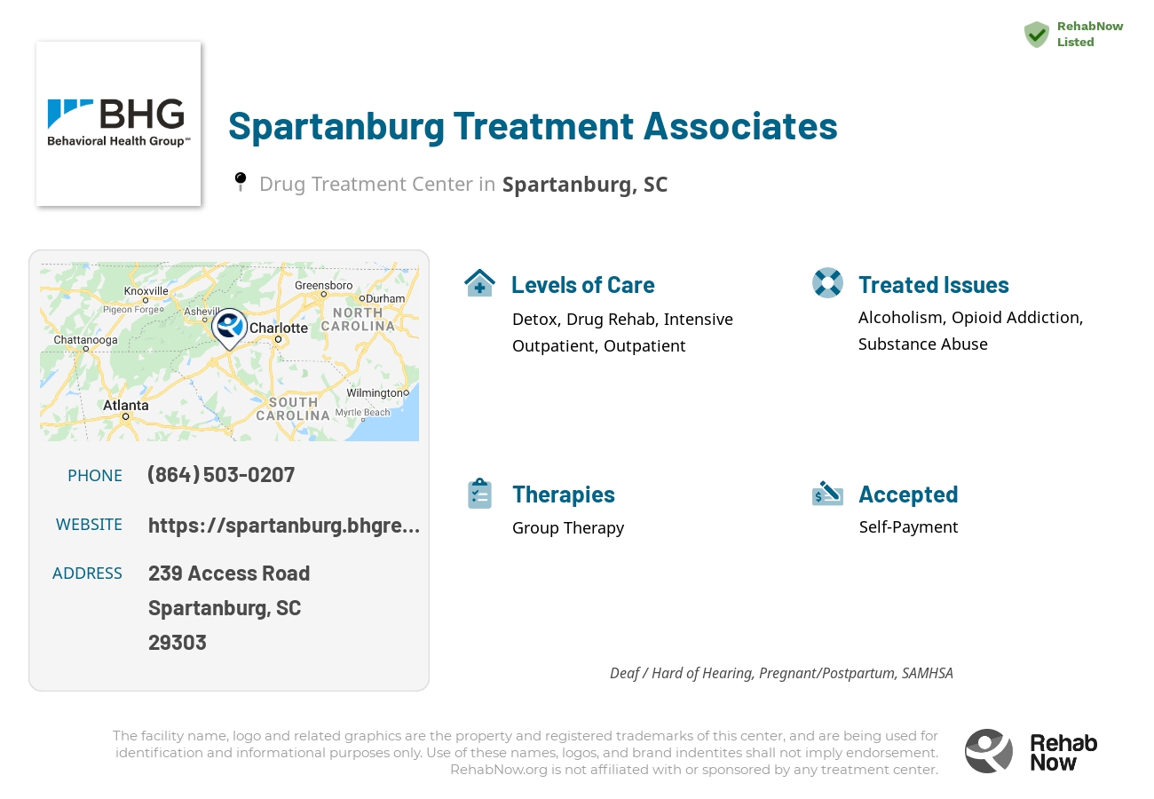 Helpful reference information for Spartanburg Treatment Associates, a drug treatment center in South Carolina located at: 239 239 Access Road, Spartanburg, SC 29303, including phone numbers, official website, and more. Listed briefly is an overview of Levels of Care, Therapies Offered, Issues Treated, and accepted forms of Payment Methods.