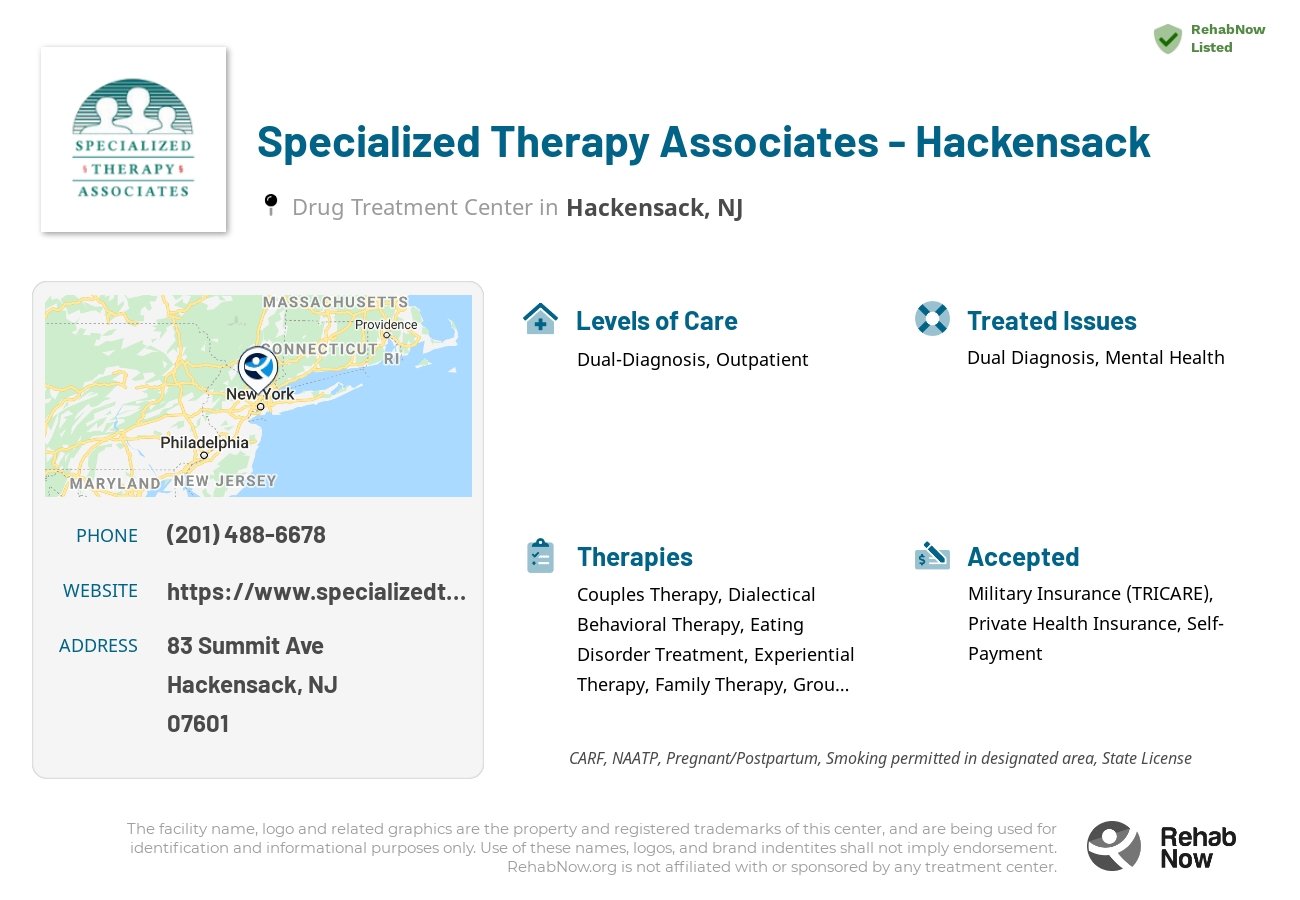 Helpful reference information for Specialized Therapy Associates - Hackensack, a drug treatment center in New Jersey located at: 83 Summit Ave, Hackensack, NJ 07601, including phone numbers, official website, and more. Listed briefly is an overview of Levels of Care, Therapies Offered, Issues Treated, and accepted forms of Payment Methods.