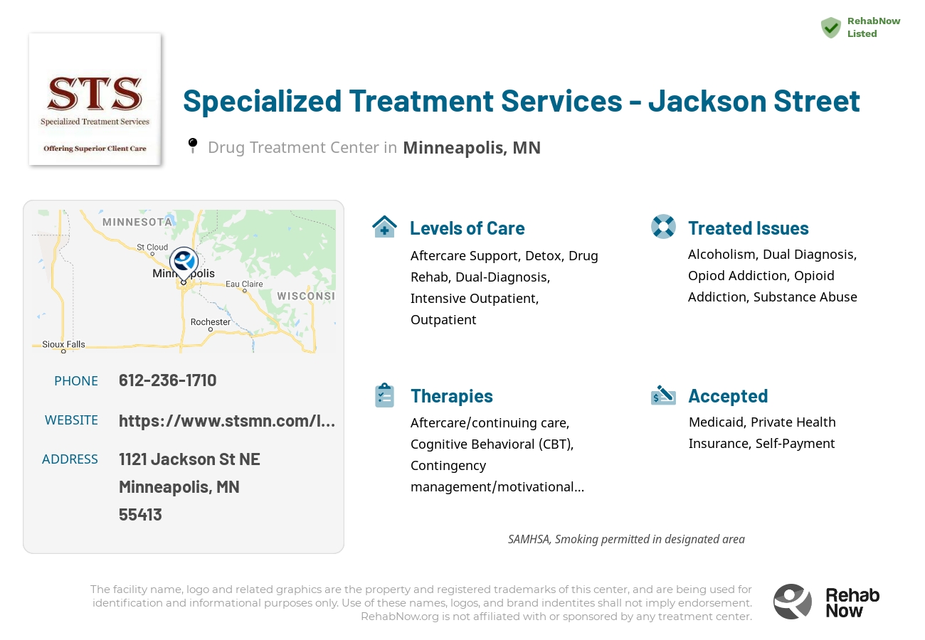 Helpful reference information for Specialized Treatment Services - Jackson Street, a drug treatment center in Minnesota located at: 1121 Jackson St NE, Minneapolis, MN 55413, including phone numbers, official website, and more. Listed briefly is an overview of Levels of Care, Therapies Offered, Issues Treated, and accepted forms of Payment Methods.
