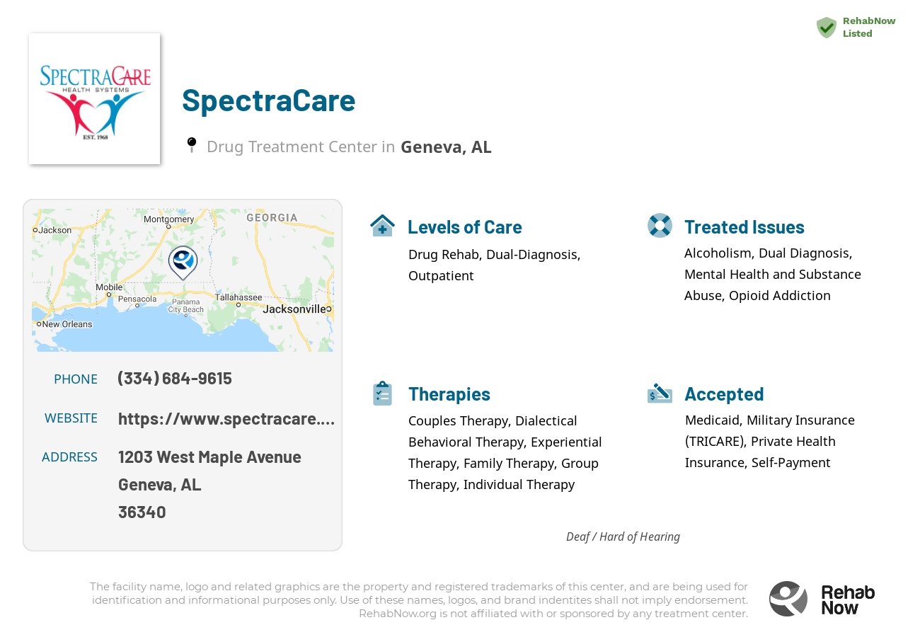 Helpful reference information for SpectraCare, a drug treatment center in Alabama located at: 1203 West Maple Avenue, Geneva, AL, 36340, including phone numbers, official website, and more. Listed briefly is an overview of Levels of Care, Therapies Offered, Issues Treated, and accepted forms of Payment Methods.