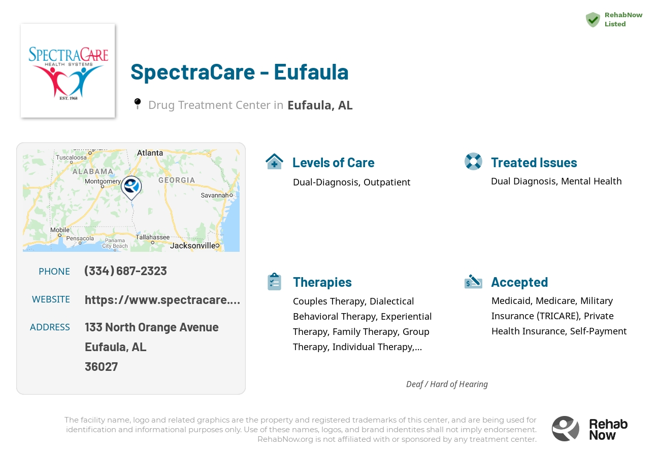 Helpful reference information for SpectraCare - Eufaula, a drug treatment center in Alabama located at: 133 North Orange Avenue, Eufaula, AL, 36027, including phone numbers, official website, and more. Listed briefly is an overview of Levels of Care, Therapies Offered, Issues Treated, and accepted forms of Payment Methods.