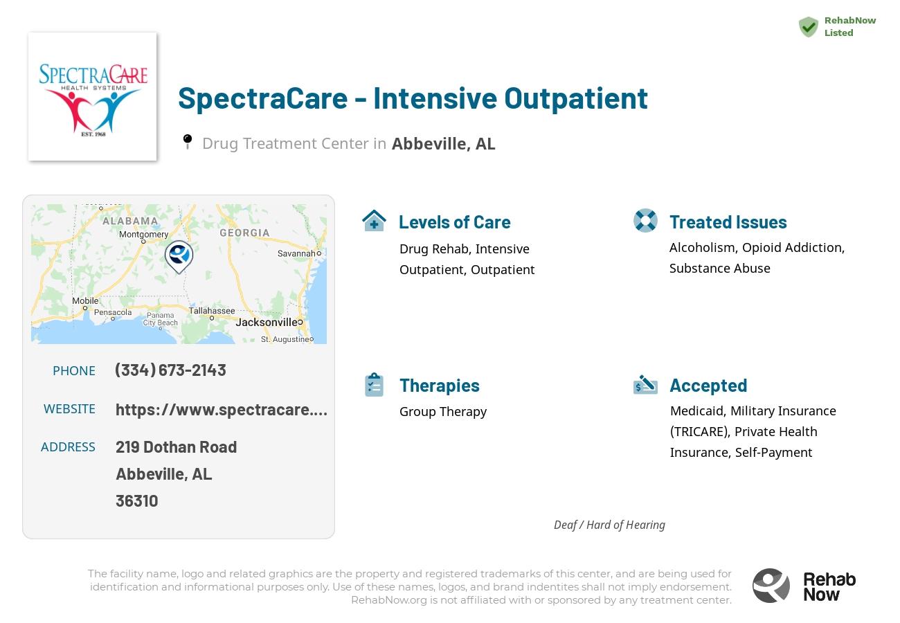 Helpful reference information for SpectraCare - Intensive Outpatient, a drug treatment center in Alabama located at: 219 Dothan Road, Abbeville, AL, 36310, including phone numbers, official website, and more. Listed briefly is an overview of Levels of Care, Therapies Offered, Issues Treated, and accepted forms of Payment Methods.
