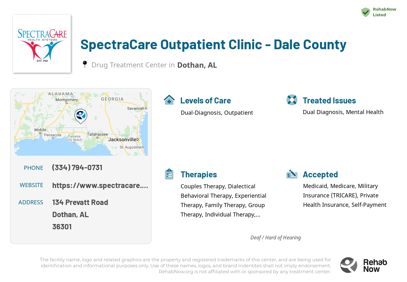 Helpful reference information for SpectraCare Outpatient Clinic - Dale County, a drug treatment center in Alabama located at: 134 Prevatt Road, Dothan, AL, 36301, including phone numbers, official website, and more. Listed briefly is an overview of Levels of Care, Therapies Offered, Issues Treated, and accepted forms of Payment Methods.