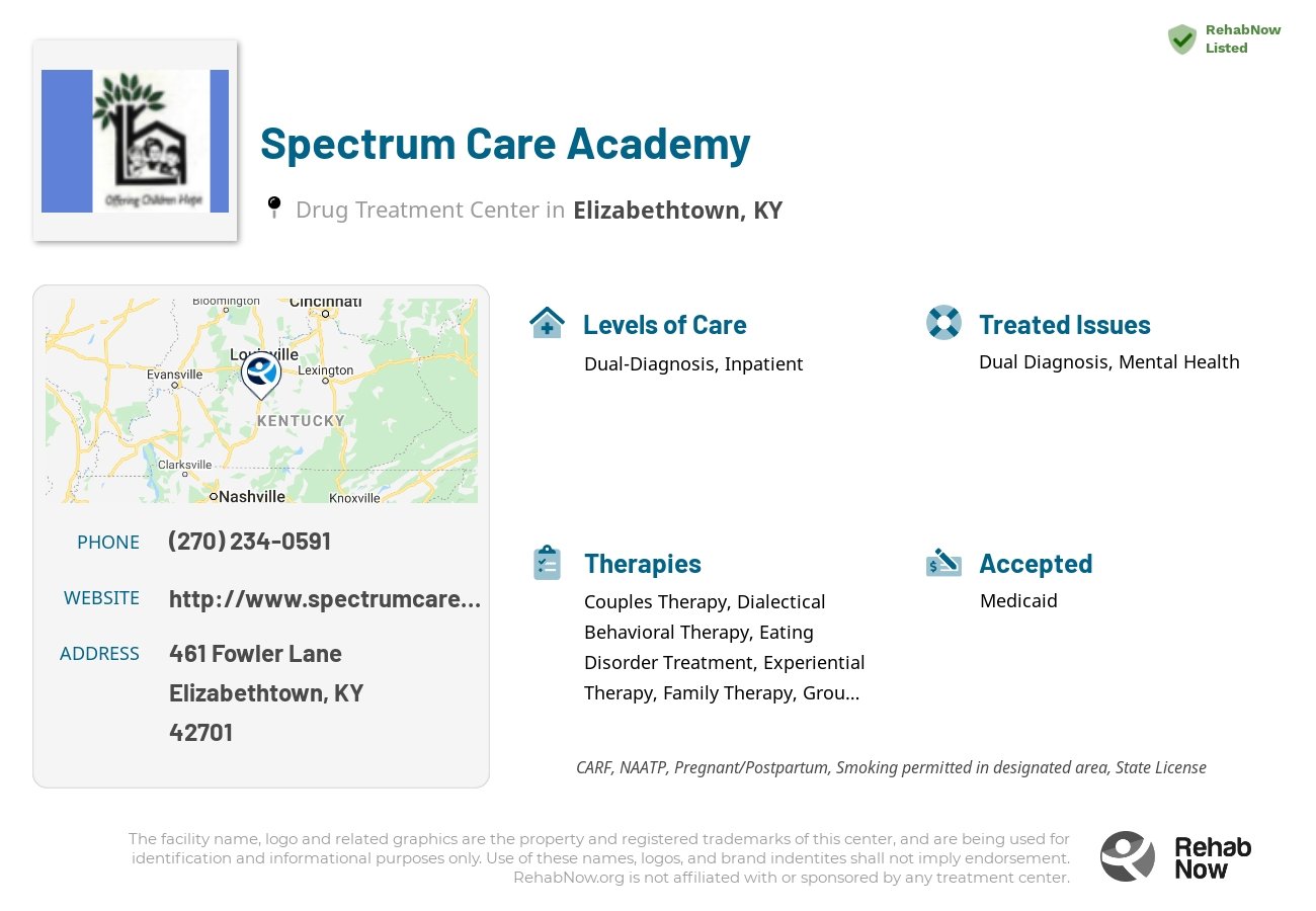 Helpful reference information for Spectrum Care Academy, a drug treatment center in Kentucky located at: 461 Fowler Lane, Elizabethtown, KY, 42701, including phone numbers, official website, and more. Listed briefly is an overview of Levels of Care, Therapies Offered, Issues Treated, and accepted forms of Payment Methods.