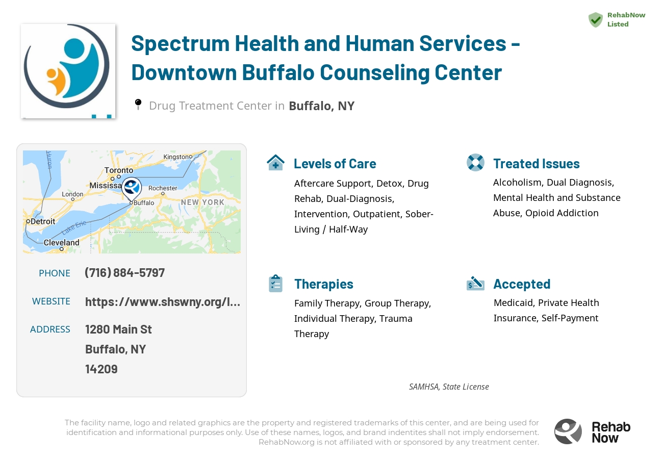 Helpful reference information for Spectrum Health and Human Services - Downtown Buffalo Counseling Center, a drug treatment center in New York located at: 1280 Main St, Buffalo, NY 14209, including phone numbers, official website, and more. Listed briefly is an overview of Levels of Care, Therapies Offered, Issues Treated, and accepted forms of Payment Methods.