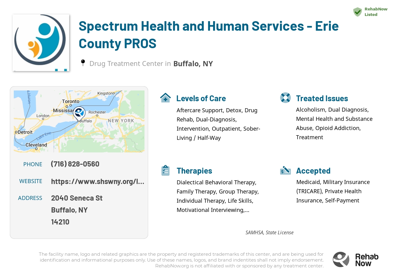 Helpful reference information for Spectrum Health and Human Services - Erie County PROS, a drug treatment center in New York located at: 2040 Seneca St, Buffalo, NY 14210, including phone numbers, official website, and more. Listed briefly is an overview of Levels of Care, Therapies Offered, Issues Treated, and accepted forms of Payment Methods.
