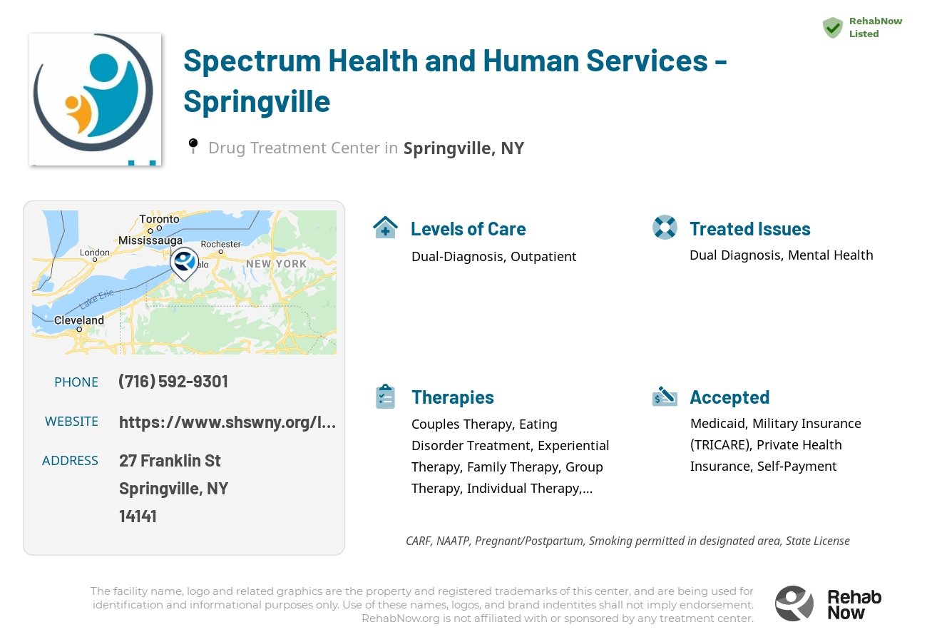 Helpful reference information for Spectrum Health and Human Services - Springville, a drug treatment center in New York located at: 27 Franklin St, Springville, NY 14141, including phone numbers, official website, and more. Listed briefly is an overview of Levels of Care, Therapies Offered, Issues Treated, and accepted forms of Payment Methods.