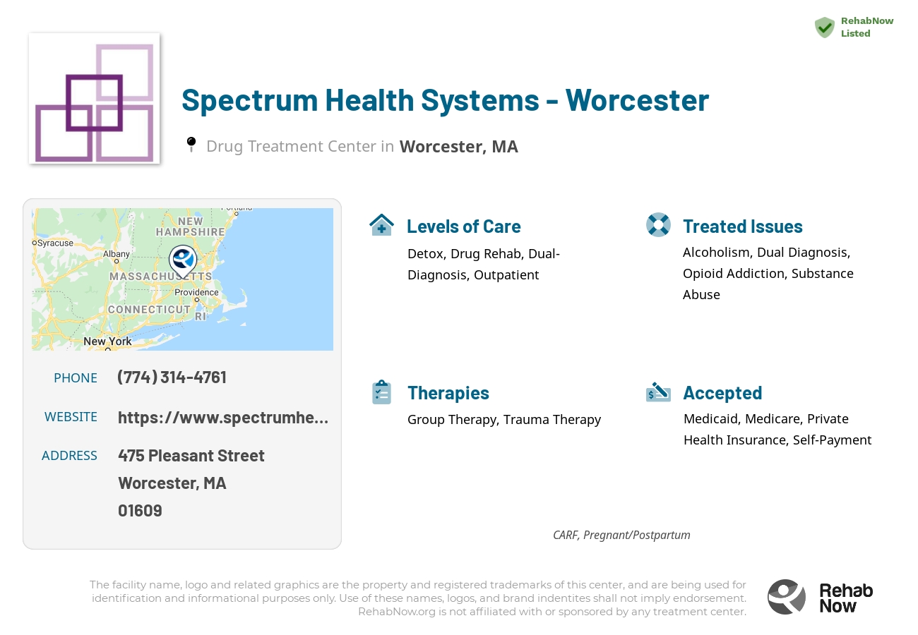 Helpful reference information for Spectrum Health Systems - Worcester, a drug treatment center in Massachusetts located at: 475 Pleasant Street, Worcester, MA, 01609, including phone numbers, official website, and more. Listed briefly is an overview of Levels of Care, Therapies Offered, Issues Treated, and accepted forms of Payment Methods.
