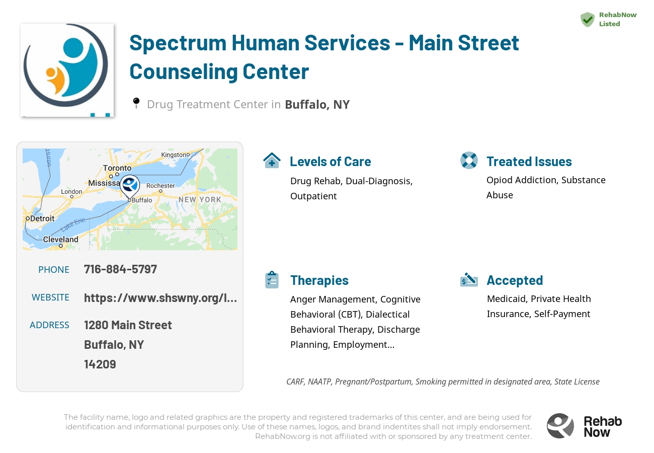 Helpful reference information for Spectrum Human Services - Main Street Counseling Center, a drug treatment center in New York located at: 1280 Main Street, Buffalo, NY 14209, including phone numbers, official website, and more. Listed briefly is an overview of Levels of Care, Therapies Offered, Issues Treated, and accepted forms of Payment Methods.