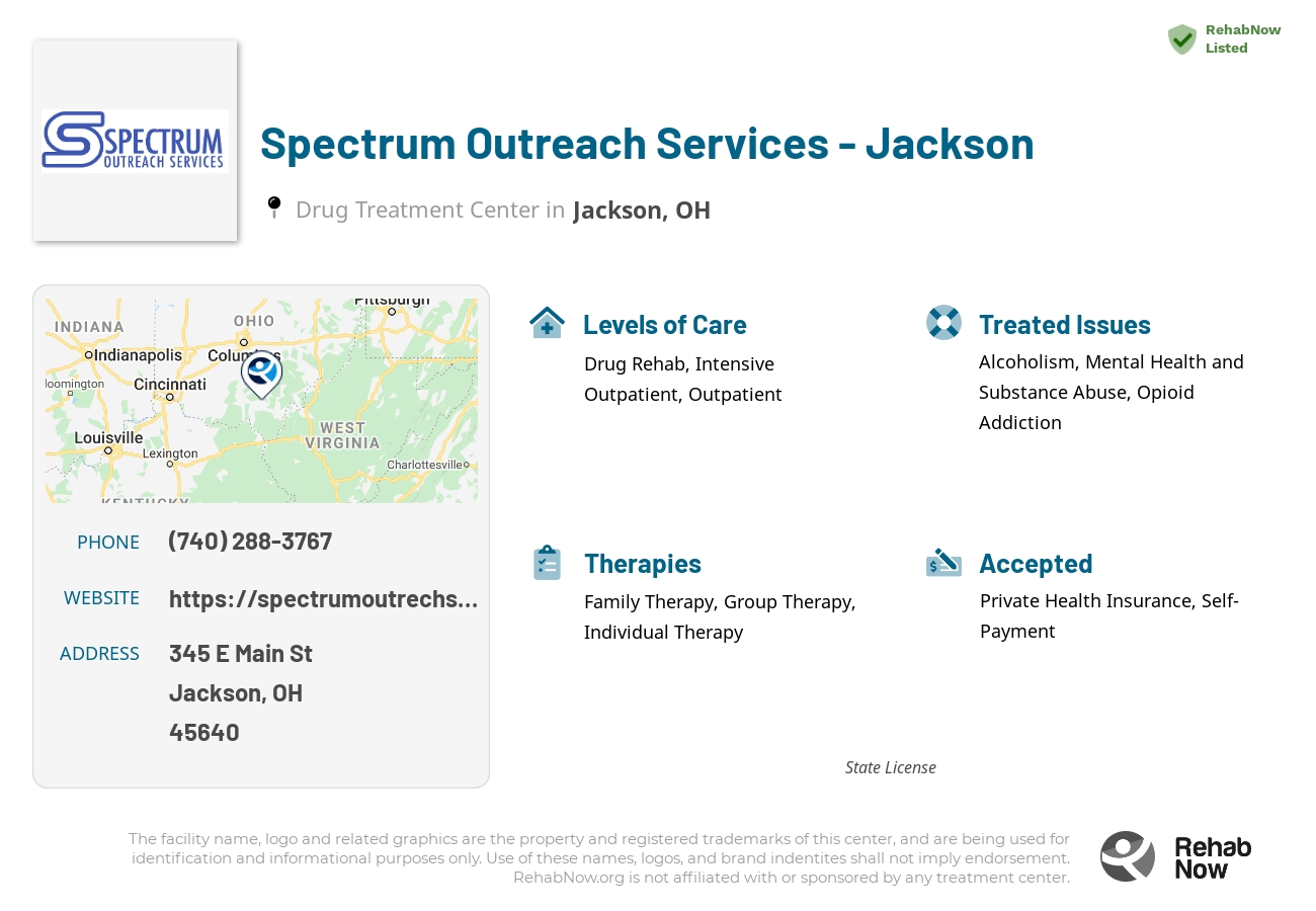 Helpful reference information for Spectrum Outreach Services - Jackson, a drug treatment center in Ohio located at: 345 E Main St, Jackson, OH 45640, including phone numbers, official website, and more. Listed briefly is an overview of Levels of Care, Therapies Offered, Issues Treated, and accepted forms of Payment Methods.