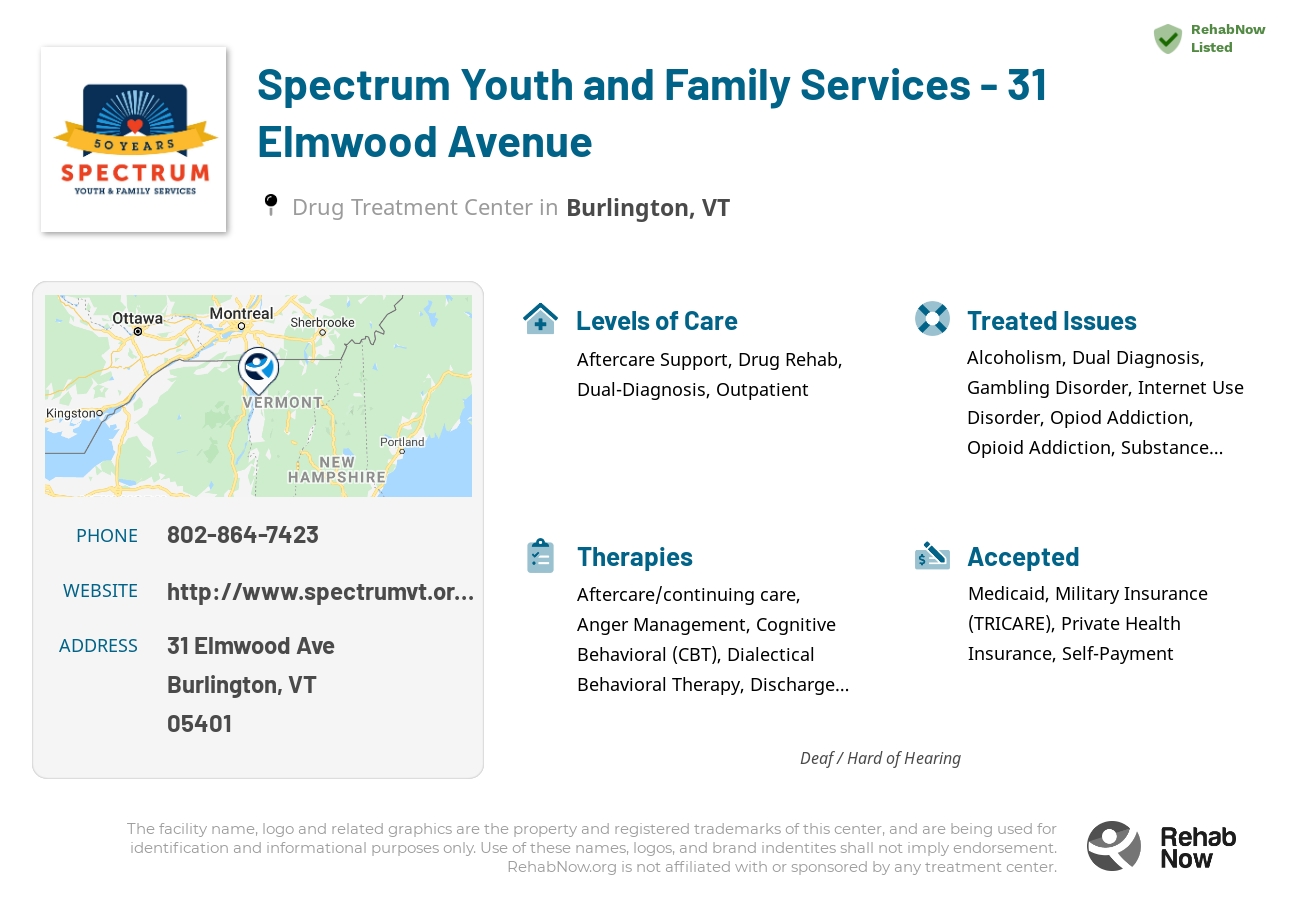 Helpful reference information for Spectrum Youth and Family Services - 31 Elmwood Avenue, a drug treatment center in Vermont located at: 31 Elmwood Ave, Burlington, VT 05401, including phone numbers, official website, and more. Listed briefly is an overview of Levels of Care, Therapies Offered, Issues Treated, and accepted forms of Payment Methods.