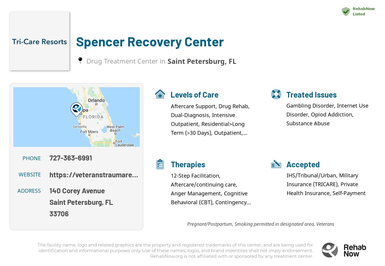 Helpful reference information for Spencer Recovery Center, a drug treatment center in Florida located at: 140 Corey Avenue, Saint Petersburg, FL 33706, including phone numbers, official website, and more. Listed briefly is an overview of Levels of Care, Therapies Offered, Issues Treated, and accepted forms of Payment Methods.