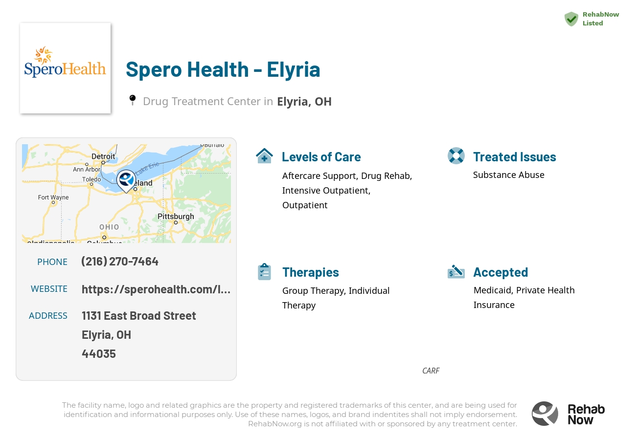 Helpful reference information for Spero Health - Elyria, a drug treatment center in Ohio located at: 1131 East Broad Street,, Elyria, OH, 44035, including phone numbers, official website, and more. Listed briefly is an overview of Levels of Care, Therapies Offered, Issues Treated, and accepted forms of Payment Methods.