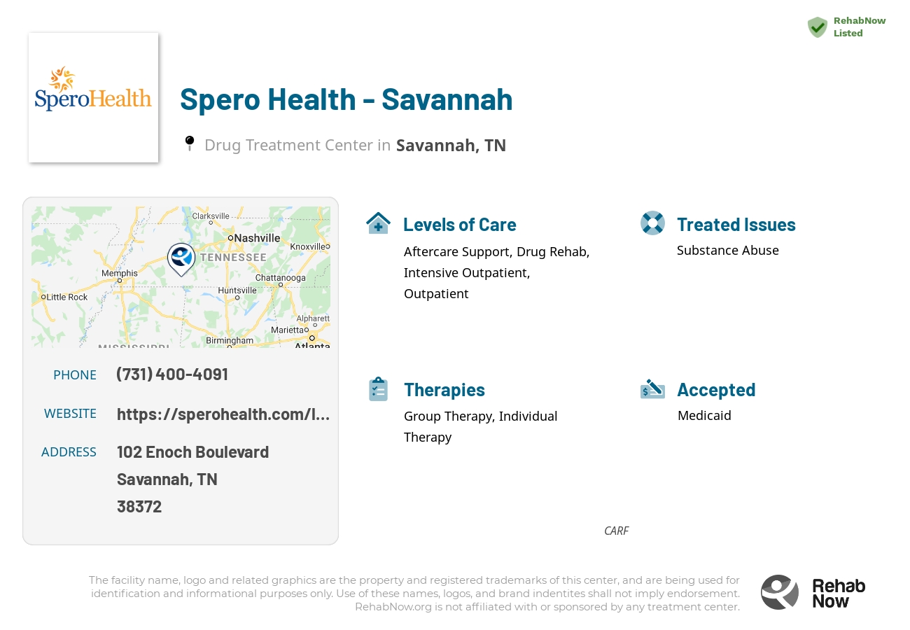 Helpful reference information for Spero Health - Savannah, a drug treatment center in Tennessee located at: 102 Enoch Boulevard, Savannah, TN, 38372, including phone numbers, official website, and more. Listed briefly is an overview of Levels of Care, Therapies Offered, Issues Treated, and accepted forms of Payment Methods.