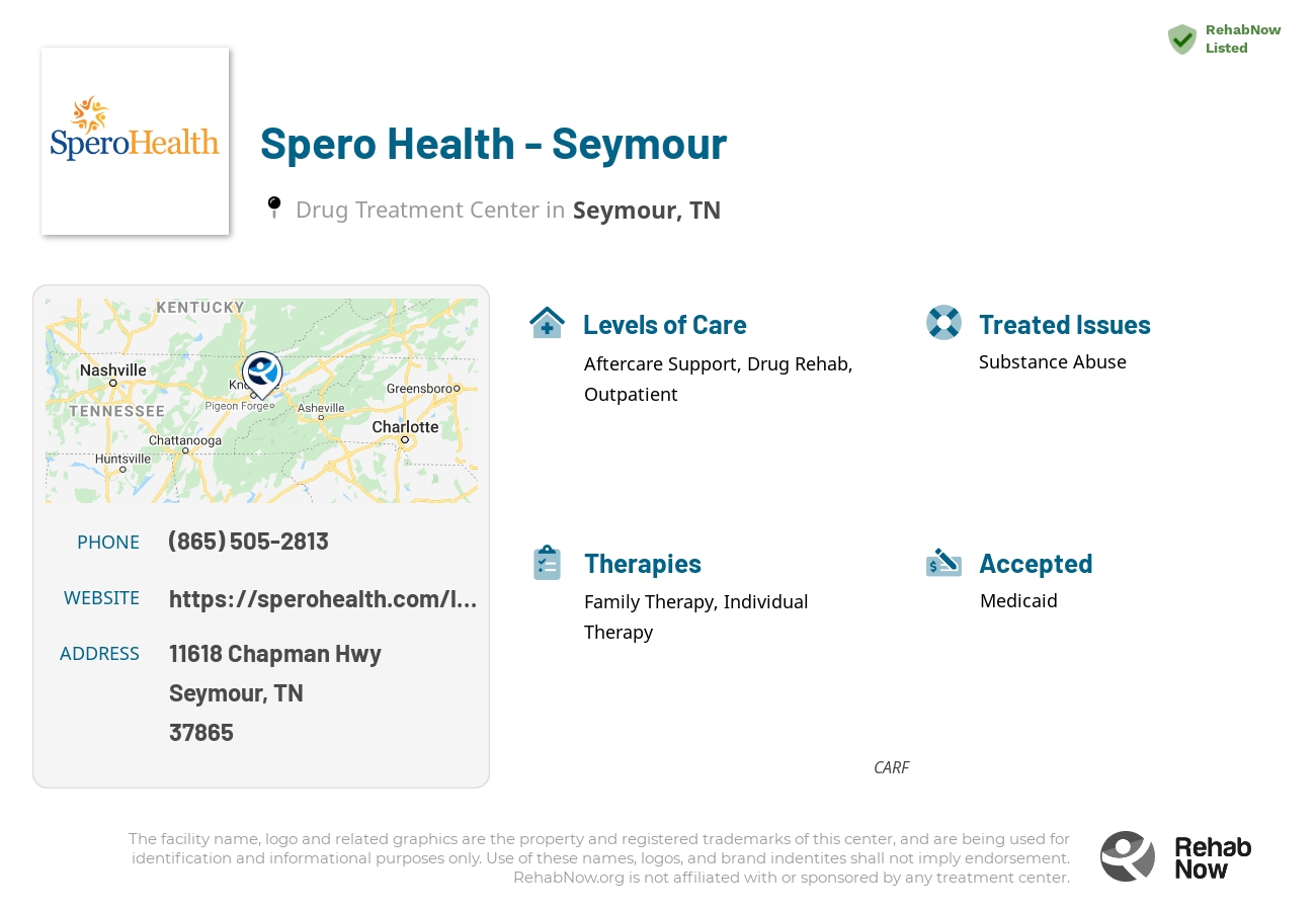 Helpful reference information for Spero Health - Seymour, a drug treatment center in Tennessee located at: 11618 Chapman Hwy, Suite A, Seymour, TN, 37865, including phone numbers, official website, and more. Listed briefly is an overview of Levels of Care, Therapies Offered, Issues Treated, and accepted forms of Payment Methods.