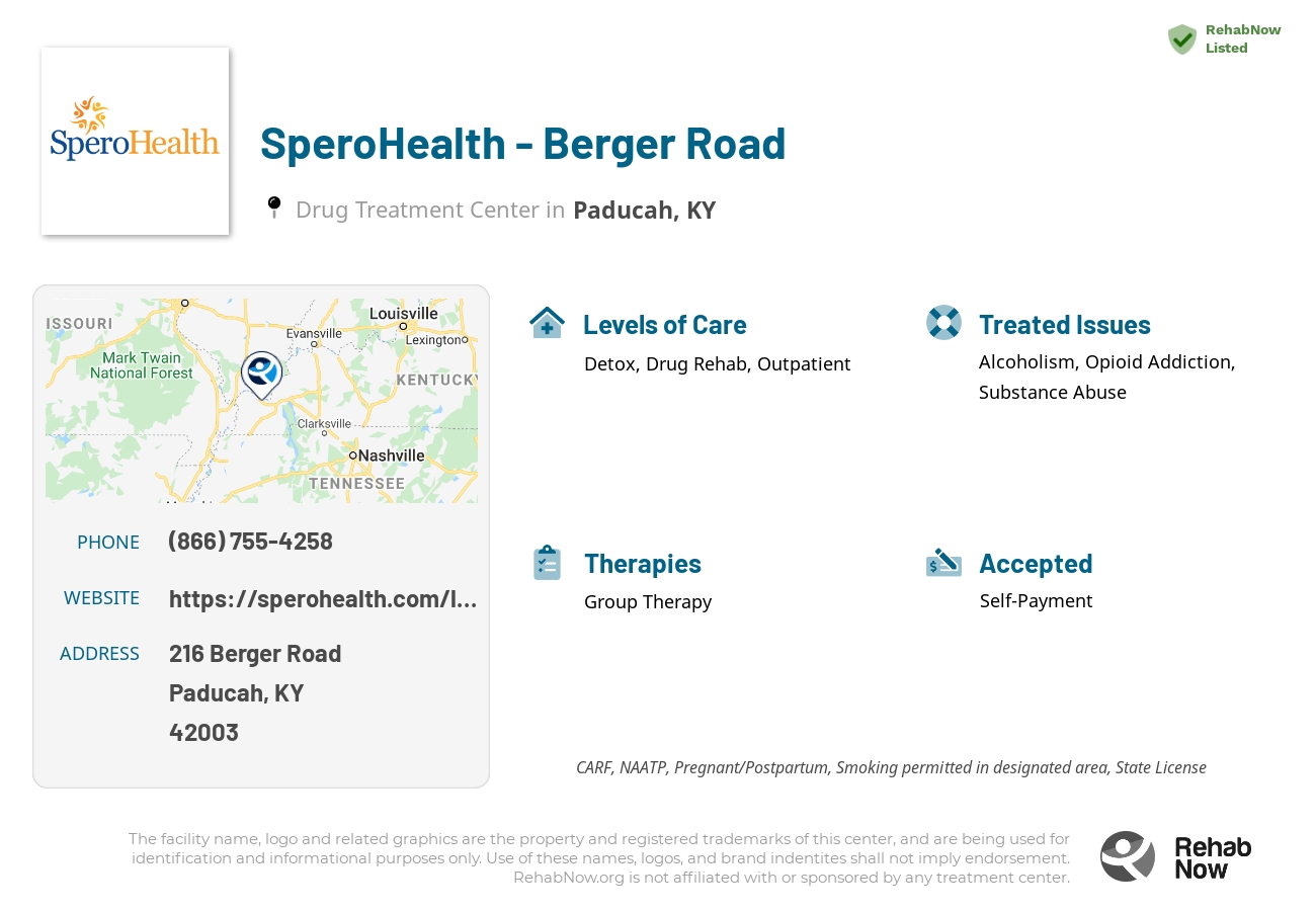Helpful reference information for SperoHealth - Berger Road, a drug treatment center in Kentucky located at: 216 Berger Road, Paducah, KY, 42003, including phone numbers, official website, and more. Listed briefly is an overview of Levels of Care, Therapies Offered, Issues Treated, and accepted forms of Payment Methods.