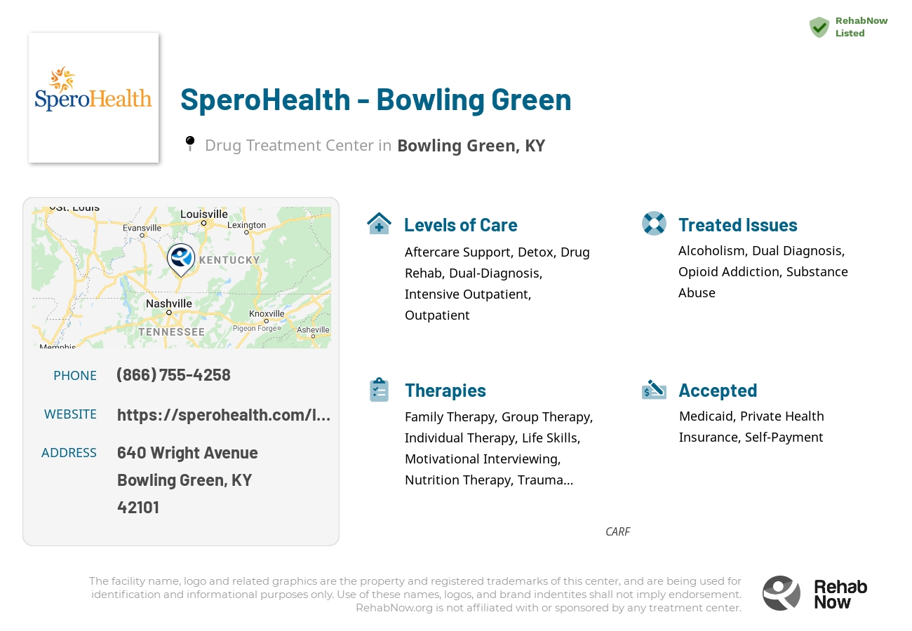 Helpful reference information for SperoHealth - Bowling Green, a drug treatment center in Kentucky located at: 640 Wright Avenue, Bowling Green, KY, 42101, including phone numbers, official website, and more. Listed briefly is an overview of Levels of Care, Therapies Offered, Issues Treated, and accepted forms of Payment Methods.